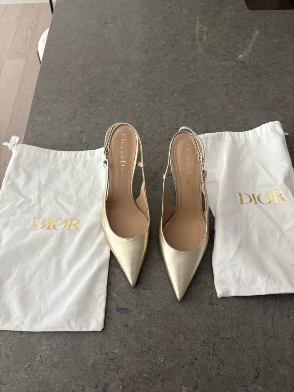 Dior Metallic Gold Pointed-Toe Slingback Heels